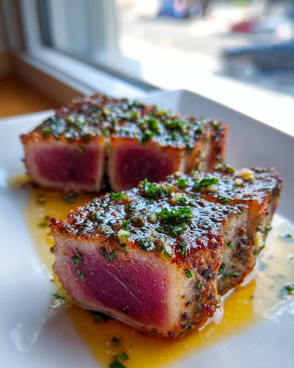 Close-up of a perfectly seared tuna steak, sliced to show rare pink center, topped with garlic and herbs.