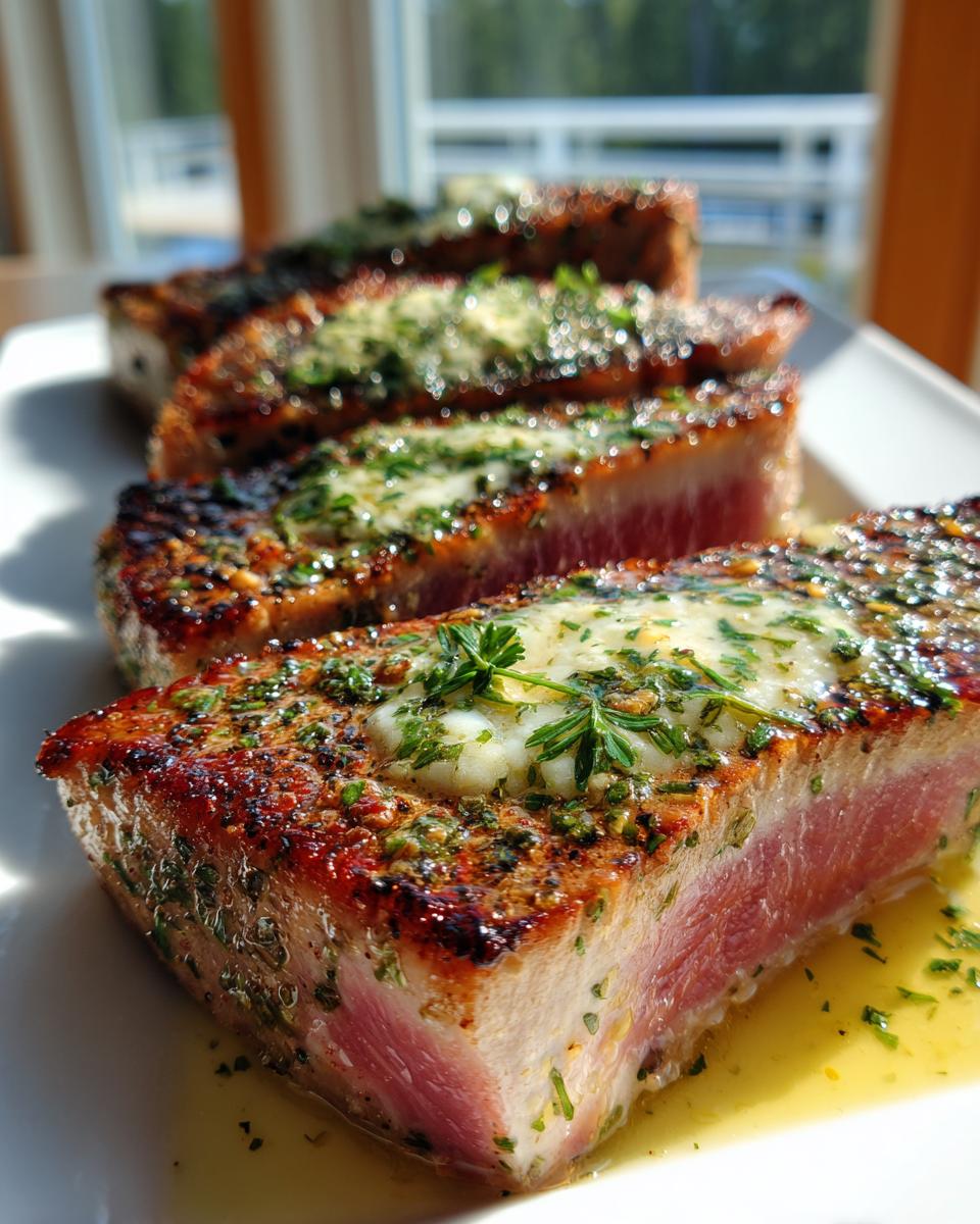 Close-up of a perfectly seared tuna steak, pink in the center, topped with melting herb butter.