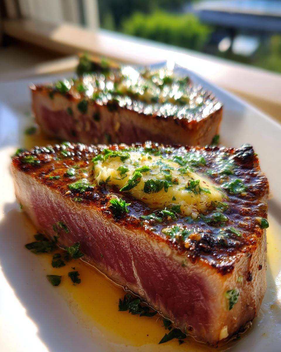 Close-up of a perfectly seared tuna steak, rare in the center, topped with melting herb butter.