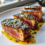 Four thick slices of perfectly seared tuna steak, crusted with seeds and herbs, resting in a light sauce.
