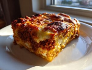 A perfectly browned, square slice of sheet pan lasagna with layers of meat sauce and cheese, served on a white plate.