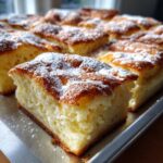 A close-up of a square portion of fluffy sheet pan pancakes dusted generously with powdered sugar.