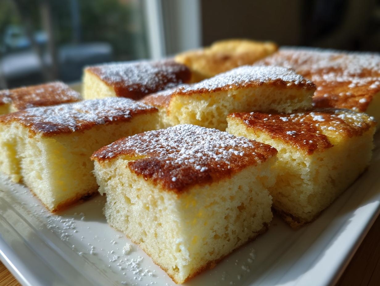 Close-up of fluffy, square-cut sheet pan pancakes dusted with powdered sugar on a white platter.
