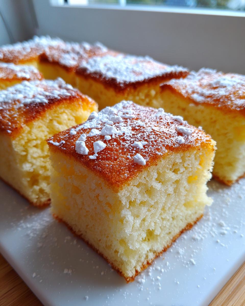 Close-up of fluffy, golden-brown square sheet pan pancakes dusted generously with powdered sugar.
