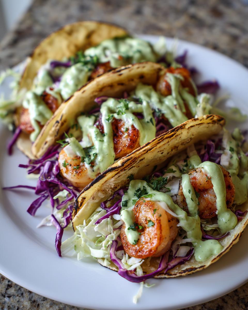 Three grilled shrimp taco shells filled with shredded cabbage and topped with seasoned shrimp and a creamy green sauce.