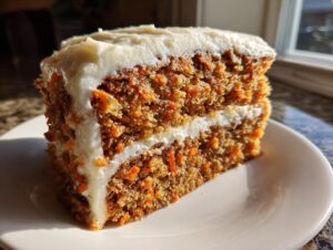A close-up slice of moist carrot cake recipe showing two layers filled and topped with thick cream cheese frosting.