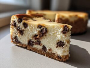 A close-up slice of creamy chocolate chip cheesecake with a graham cracker crust, with the rest of the chocolate chip cheesecake blurred in the background.