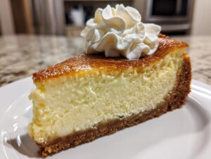 A perfect slice of creamy eggnog cheesecake with a graham cracker crust, topped with whipped cream.