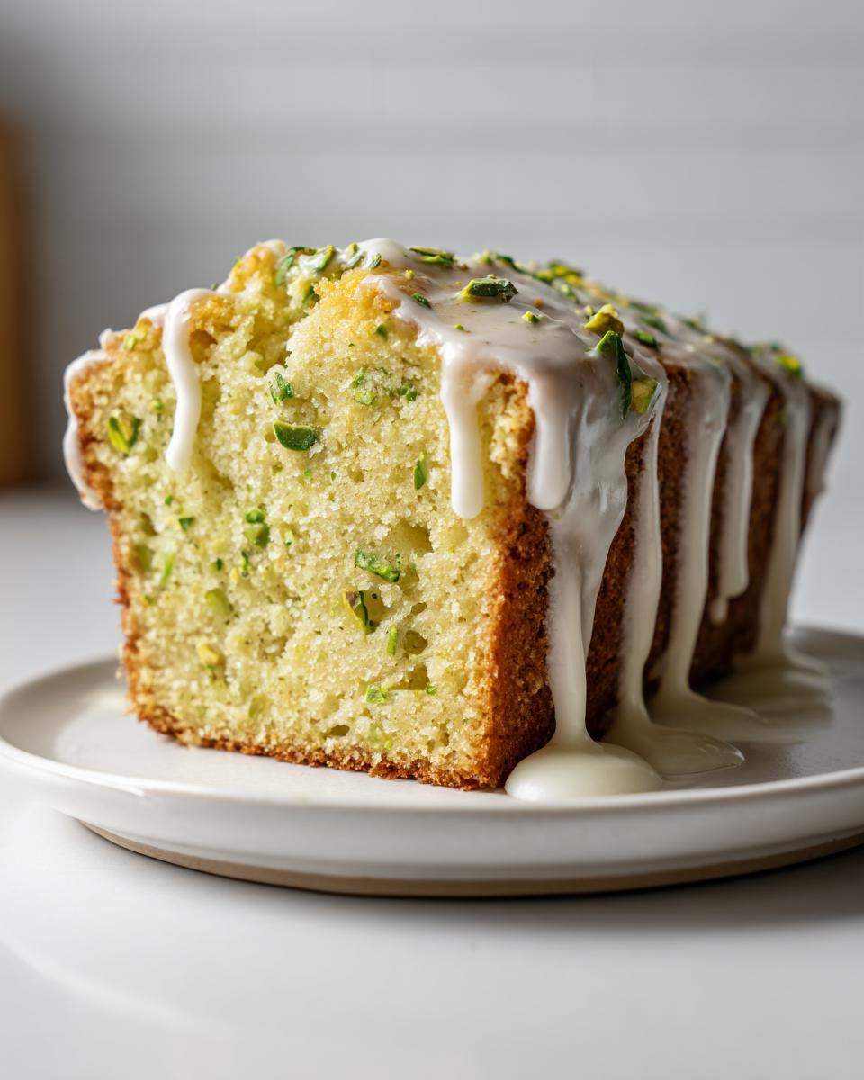 A moist slice of pistachio bread topped with thick white glaze and chopped pistachios.