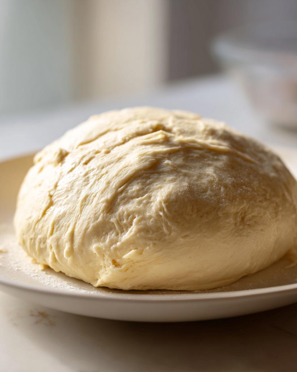 A smooth, light yellow ball of dough, likely for fufu, resting on a white plate.