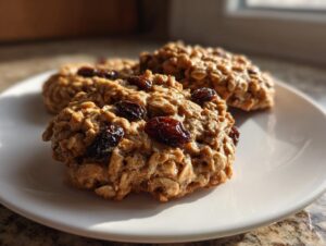 Close-up of three soft oatmeal raisin cookies stacked on a white plate, highlighted by natural sunlight.