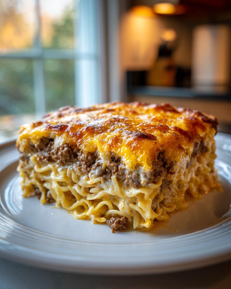 A hearty square slice of sour cream beef noodle casserole topped with melted, browned cheese.