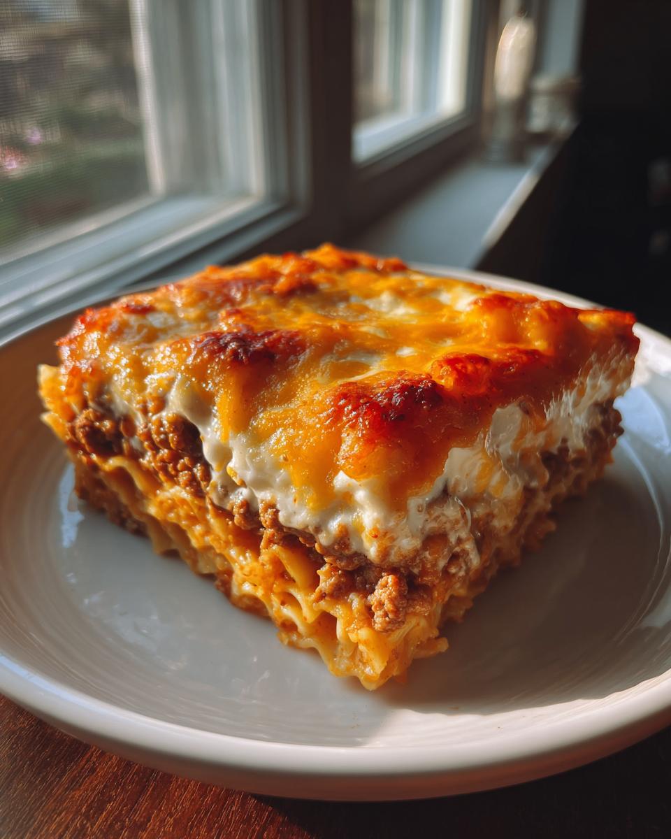 A square slice of rich sour cream beef noodle casserole topped with melted, browned cheese.