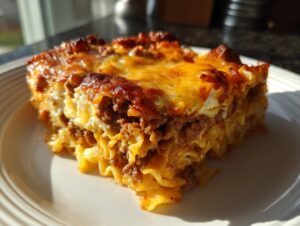 A close-up slice of baked sour cream beef noodle casserole with a browned, cheesy top layer.
