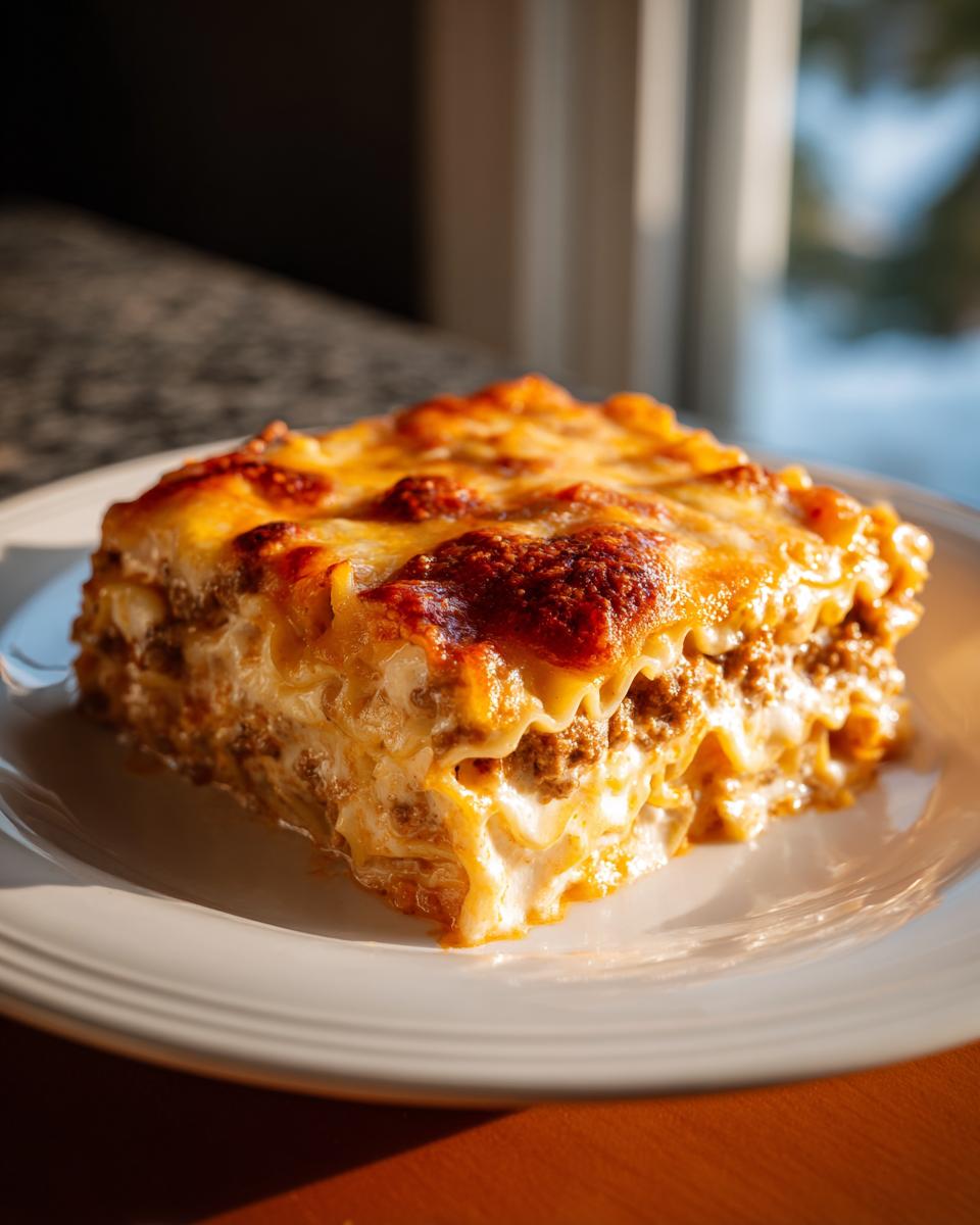 A thick, cheesy slice of sour cream beef noodle casserole with browned topping on a white plate.