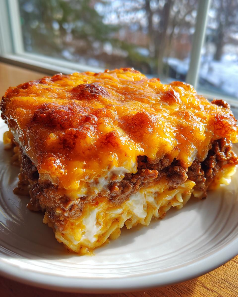 A hearty slice of sour cream beef noodle casserole featuring layers of pasta, seasoned beef, and a bubbly, browned cheddar cheese topping.