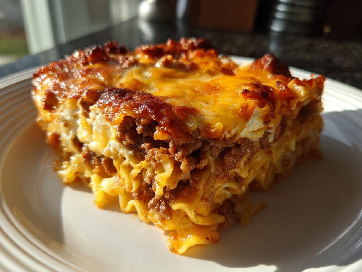 A close-up slice of baked sour cream beef noodle casserole with a browned, cheesy top layer.