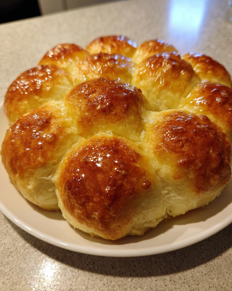A cluster of freshly baked, glossy sourdough discard rolls with a golden-brown top, served on a white plate.