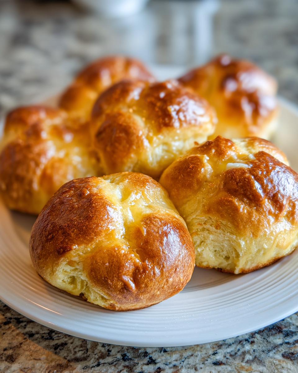Close-up of several golden brown, shiny sourdough discard rolls served on a white plate.
