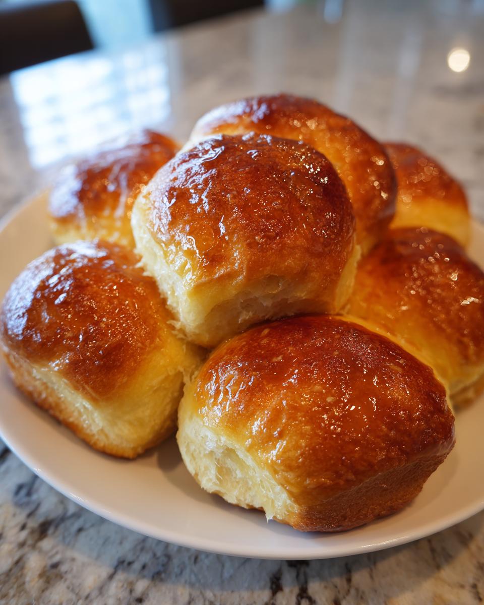 A pile of golden brown, glossy sourdough discard rolls stacked on a white plate.
