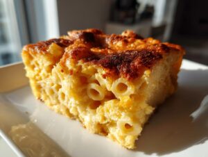 A golden brown, baked slice of southern baked macaroni and cheese showing creamy texture and browned top.