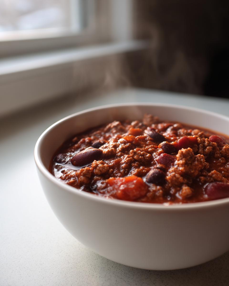 Close-up of a white bowl filled with steaming, rich high protein chili containing ground meat and kidney beans.