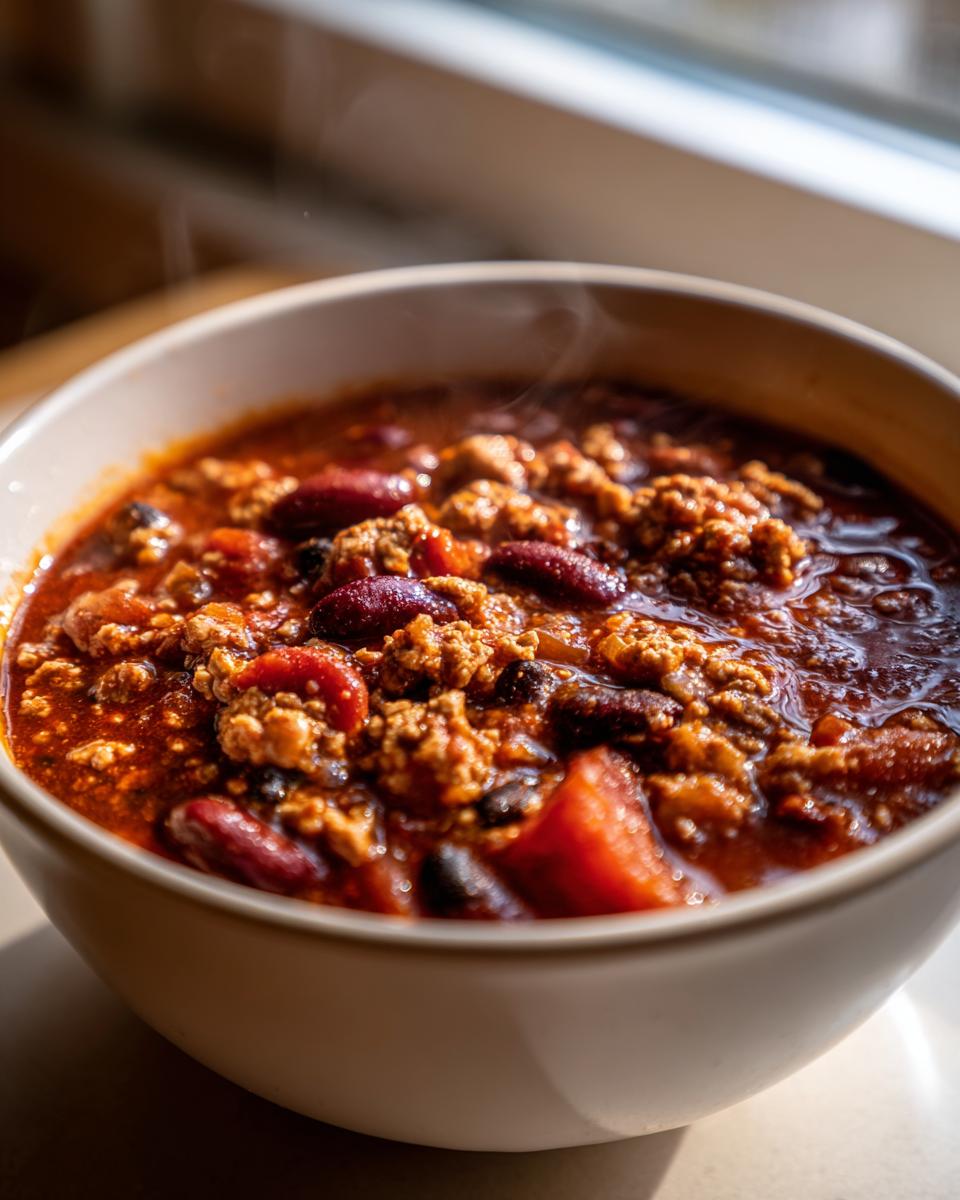 Close-up of a steaming bowl of rich, red high protein chili featuring ground meat and kidney beans.