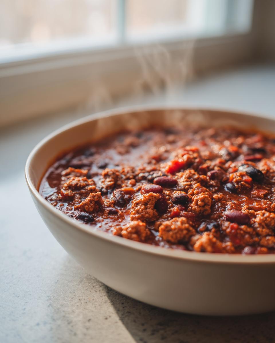 Close-up of a steaming bowl filled with rich, hearty high protein chili featuring ground meat and kidney beans.
