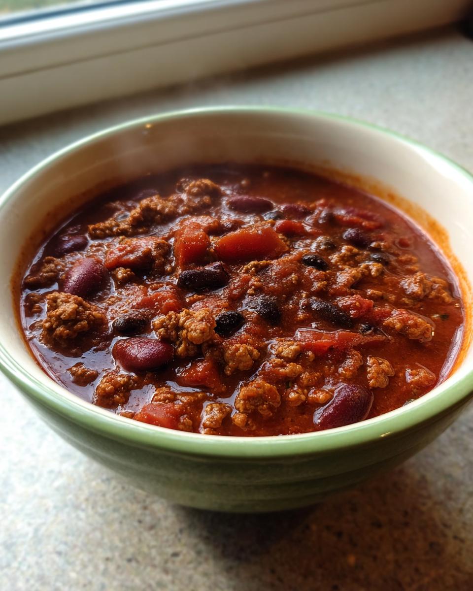 Close-up of a steaming bowl of rich, red high protein chili loaded with ground meat and kidney beans.
