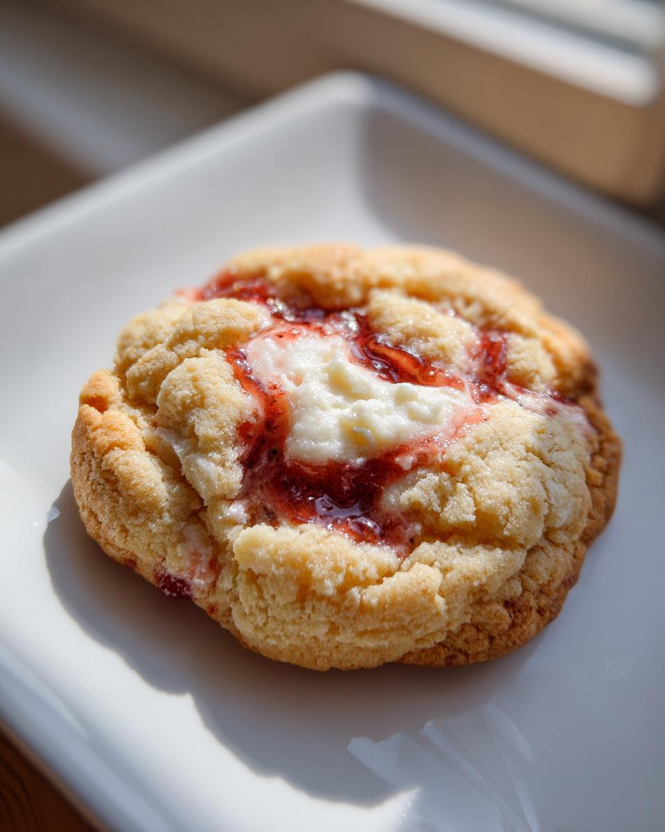 A single, freshly baked strawberry cheesecake cookies with a dollop of cream cheese and strawberry swirl on a white plate.