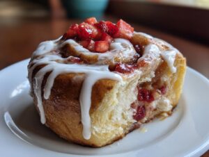 A single, decadent Strawberry Cheesecake Sweet Roll drizzled with white icing and topped with diced strawberries.