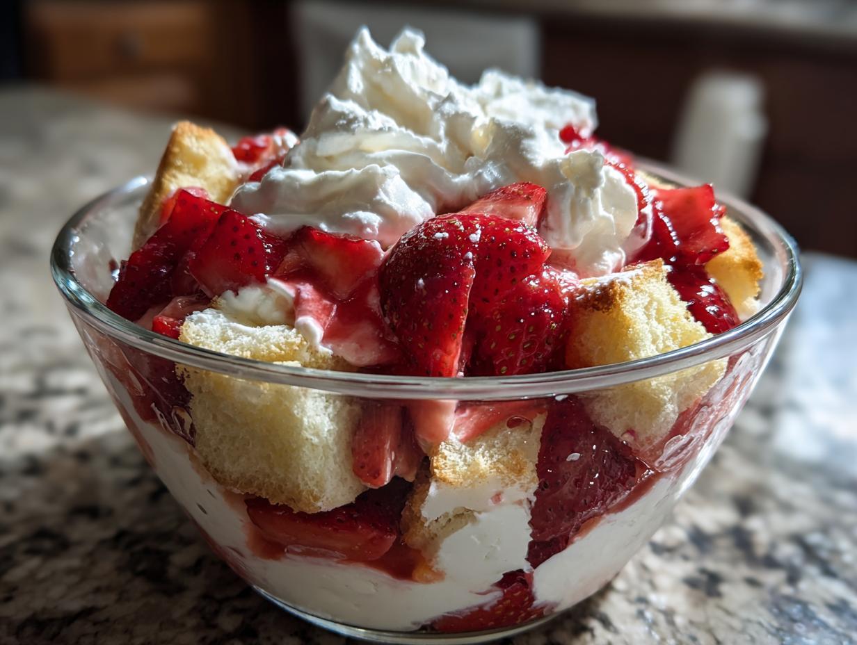 A close-up view of a delicious strawberry shortcake trifle layered with cake pieces, macerated strawberries, and whipped cream in a clear bowl.