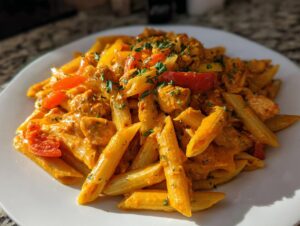 Close-up of a serving of vibrant, creamy rasta pasta mixed with chicken and colorful bell peppers.
