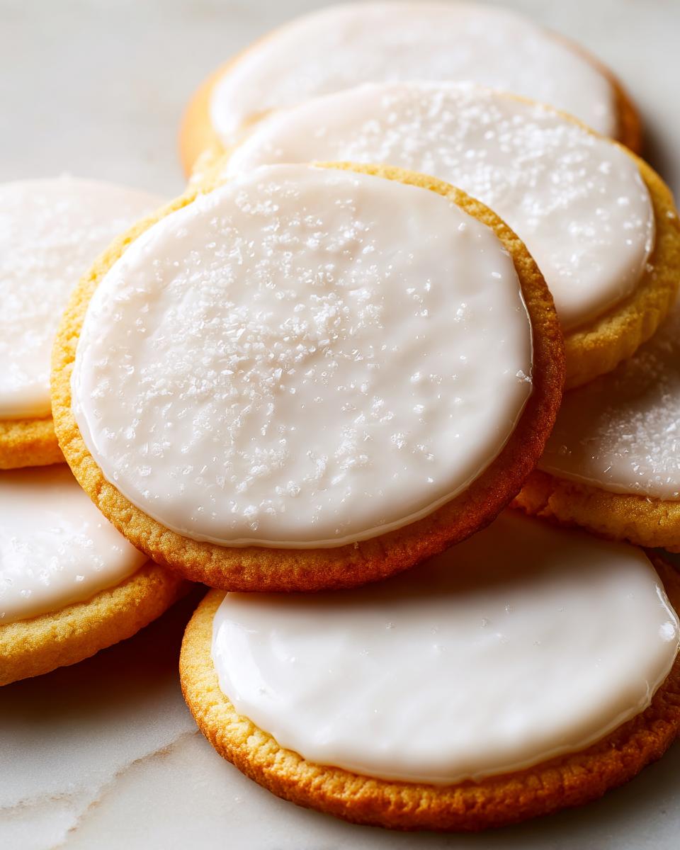 Close-up of round sugar cookies topped with smooth, white sugar cookie icing that hardens, some sprinkled with sugar.