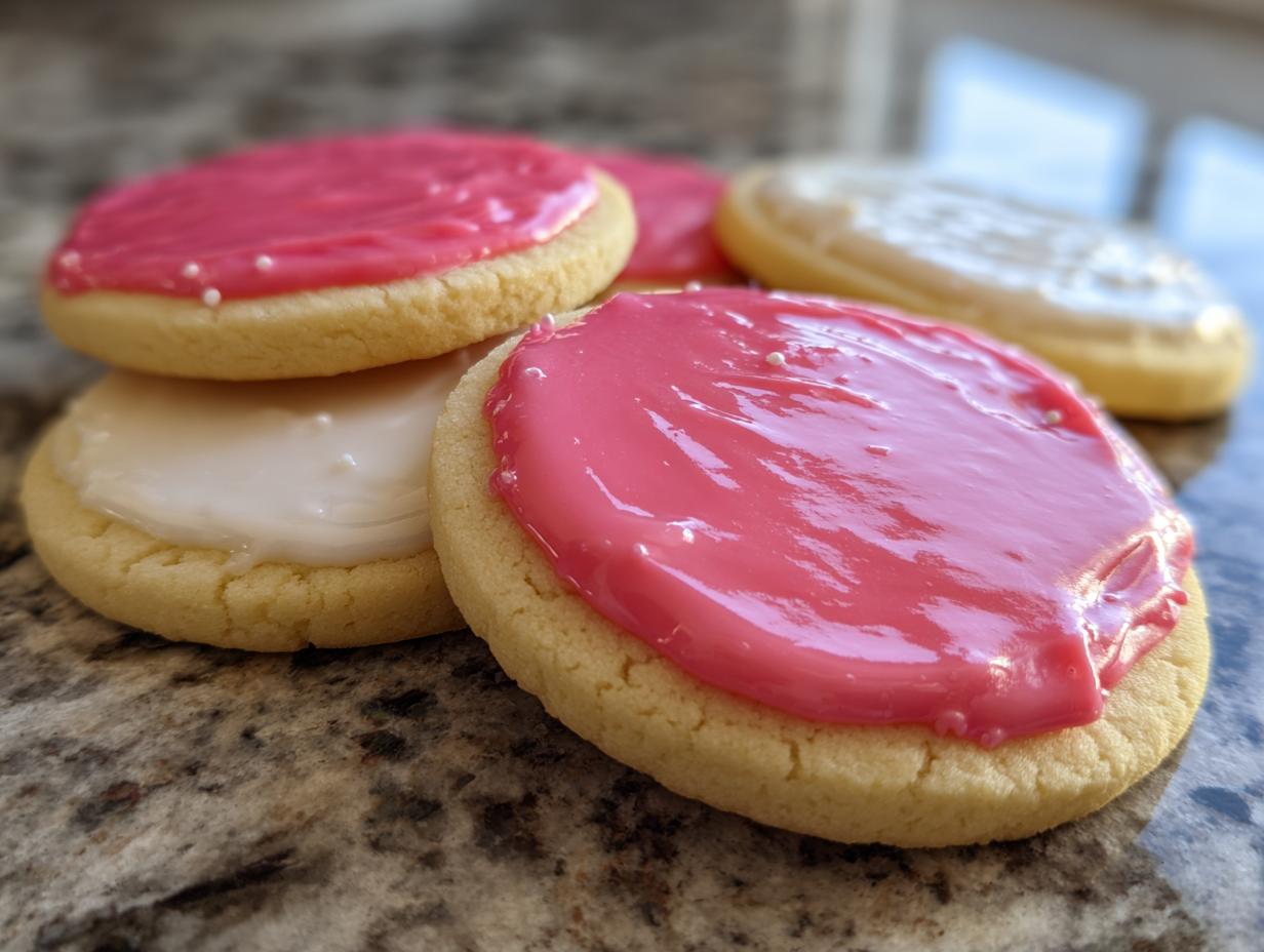 Close-up of sugar cookies topped with bright pink and white sugar cookie icing that hardens.