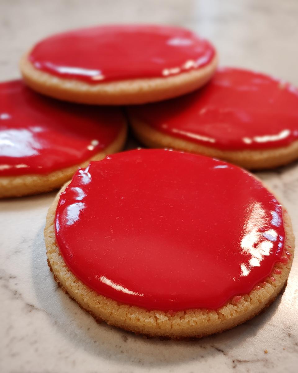 Close-up of round sugar cookies topped with shiny, bright red sugar cookie icing that hardens perfectly.