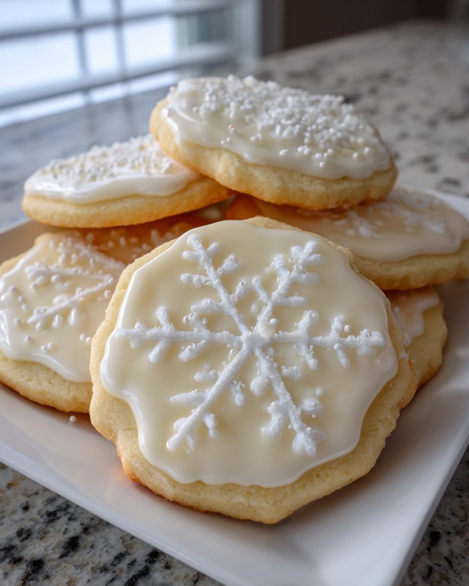 Close-up of sugar cookies topped with smooth, white sugar cookie icing that hardens, decorated with snowflakes.