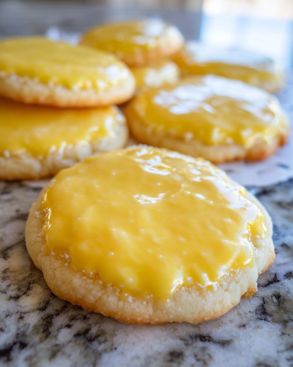 Close-up of soft sugar cookies topped with a thick, glossy yellow sugar cookie icing that hardens.