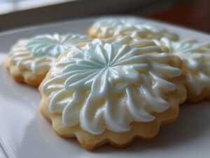 Close-up of scalloped sugar cookies topped with thick, glossy white and pale blue piped cookie icing recipe.