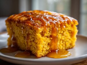 Close-up of a thick, golden slice of sweet potato cornbread generously drizzled with honey.