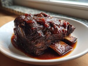 A close-up of a single, perfectly cooked braised short ribs piece covered in a thick, glossy sauce.