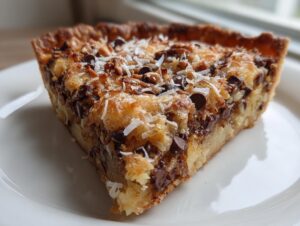 Close-up of a slice of rich texas trash pie topped with chocolate chips, pecans, and shredded coconut.