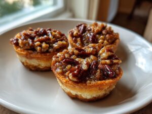 Three shiny, gooey pecan tassies with a creamy base served on a white plate near a window.