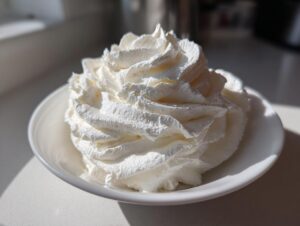A beautiful swirl of fluffy white vanilla buttercream frosting piped high in a small white bowl.