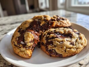 Close-up of three freshly baked vegan chocolate chip cookies with melted chocolate pools on a white plate.