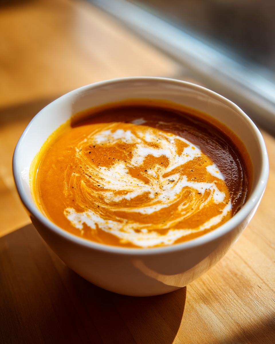 Close-up of a white bowl filled with rich orange squash soup, swirled with cream and black pepper.