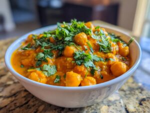 A white bowl filled with rich, orange pumpkin curry featuring chickpeas and topped generously with fresh cilantro.