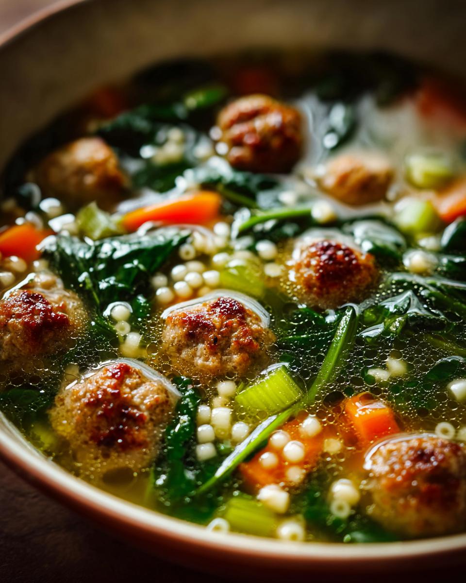 Close-up of a steaming bowl of wedding soup featuring small meatballs, acini di pepe pasta, spinach, and carrots.