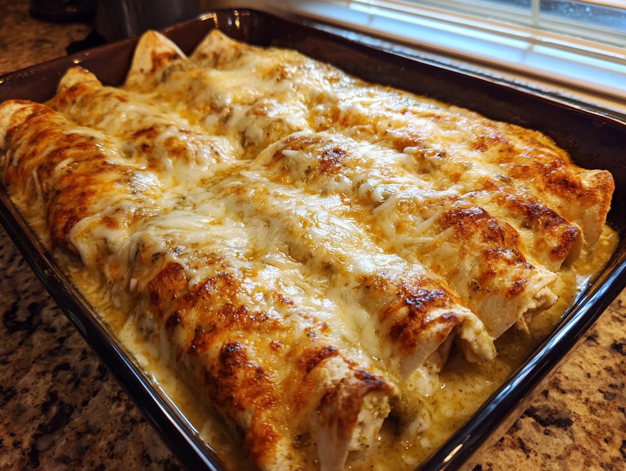 Close-up of bubbling white chicken enchiladas covered in melted, browned cheese in a dark baking dish.