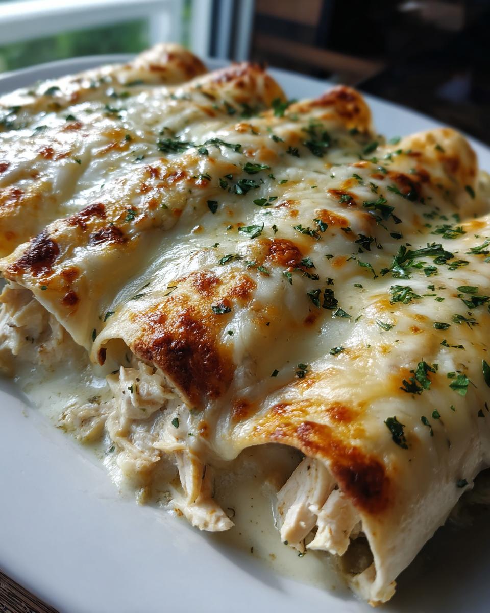 Close-up of baked white chicken enchiladas covered in melted, browned cheese and fresh parsley.